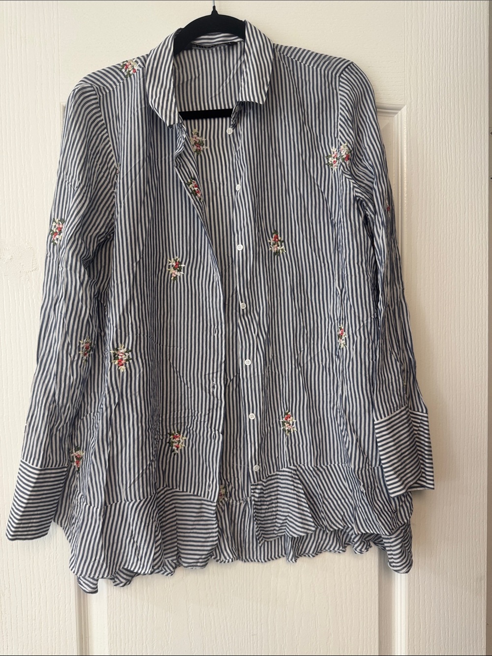Zara Blue and White Striped Embroidered Button-Down Blouse